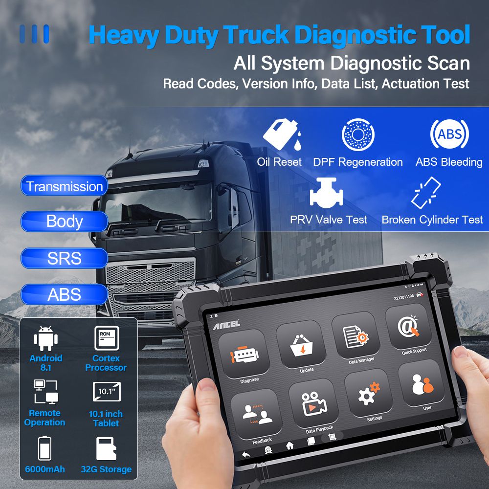 Ancel X7 HD Heavy Duty Truck Diagnostic tool professional full System 12V 24V Oil DPF Regeneration ECU Reset OBD2 Truck scanner