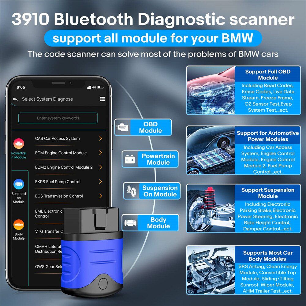 Autophix 3910 Bluetooth OBD2 scanner pour BMW / mini / ROLS Royce diagnostic de voiture outil de diagnostic EPB CBS etc vérification de la batterie
