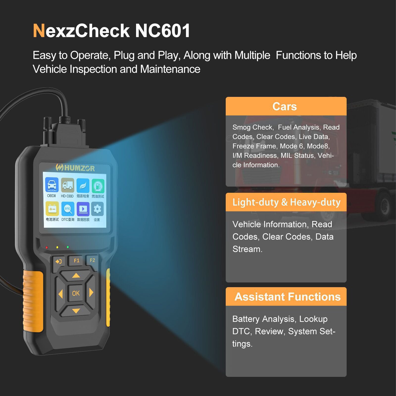 Humzor nexzcheck nc601 OBD2 diesel et essence I / M scanner de préparation, analyse d'état mil, inspection de fumée, analyse de carburant, analyse de batterie