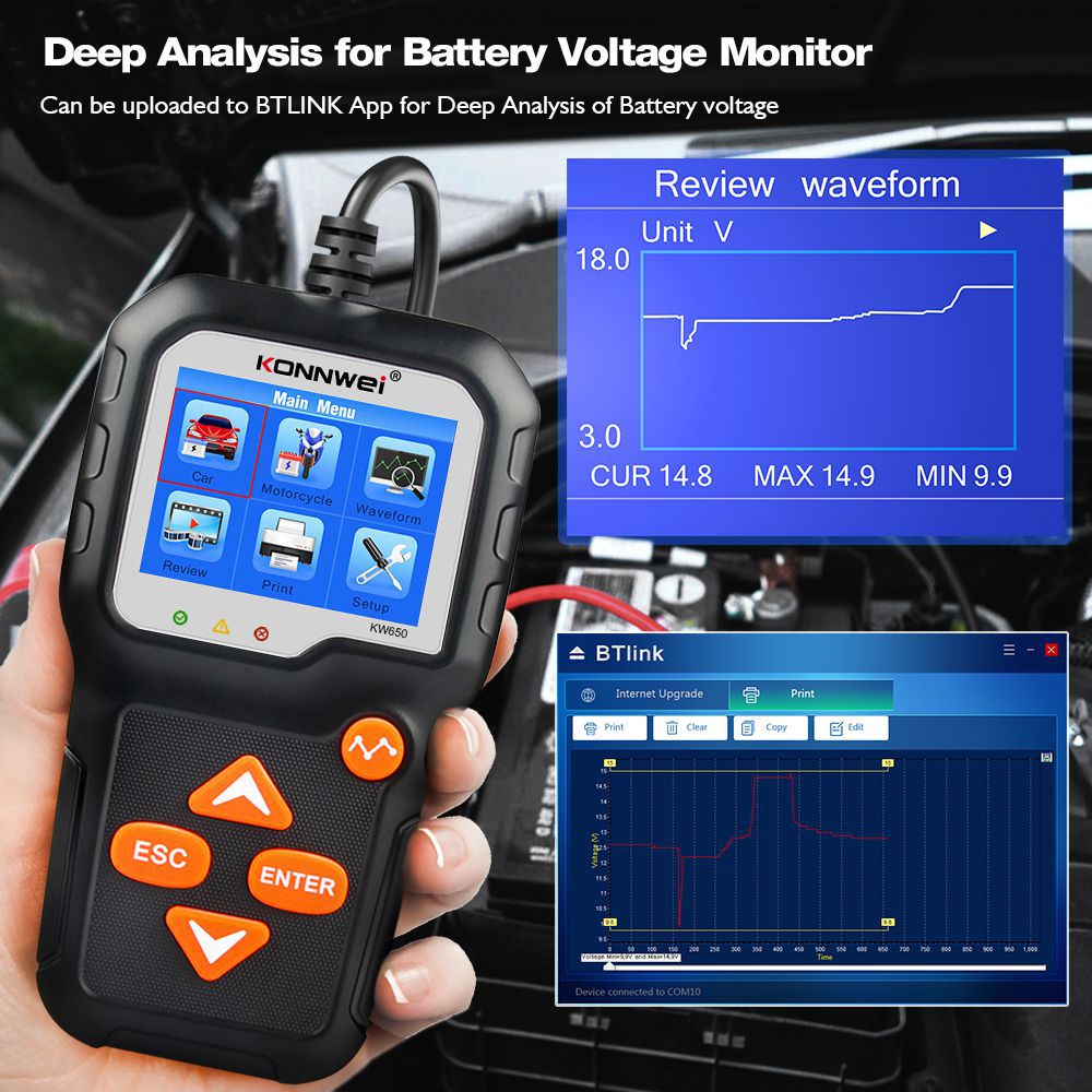 Conway kw650 Motorcycle Battery 12V 6V Battery System Analyzer 2000cca car charge Start Test Tool