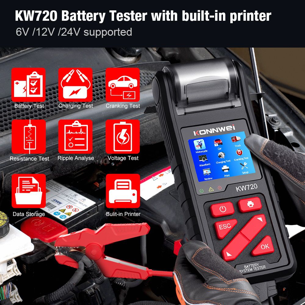 Konnwei kw720 6V / 12V / 24V moto camion testeur de batterie avec imprimante intégrée analyseur de batterie outil de test de démarrage de charge