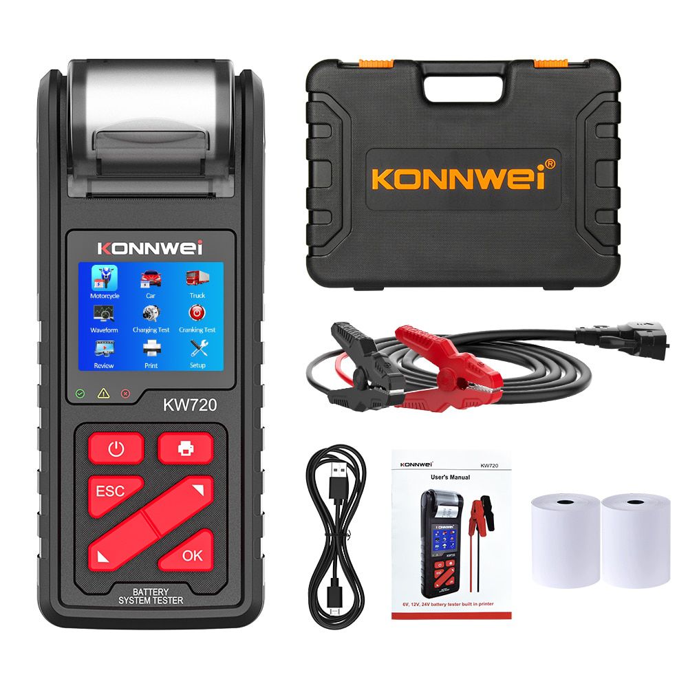 Konnwei kw720 6V / 12V / 24V moto camion testeur de batterie avec imprimante intégrée analyseur de batterie outil de test de démarrage de charge