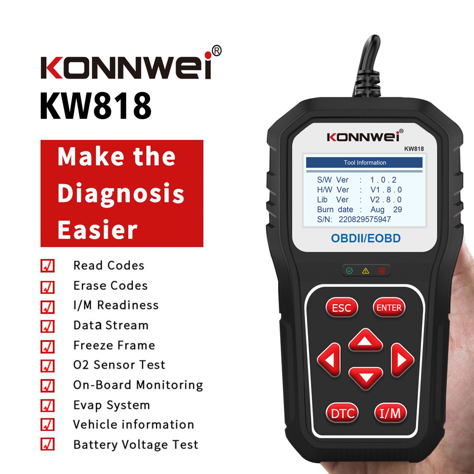 Konnwei kw818 OBD2 outil de diagnostic de voiture de balayage lecteur de code automatique testeur de batterie Vérifiez la machine de lecture de code d'erreur de moteur mise à niveau Bluetooth