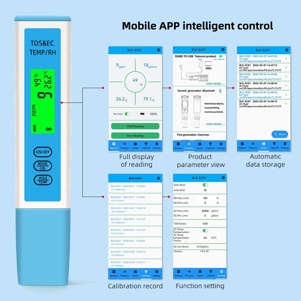 Erie 4 - en - 1 EC / tds / thermohygromètre Bluetooth compatible app détecteur de qualité de l'eau en ligne ATC pour aquarium à boire