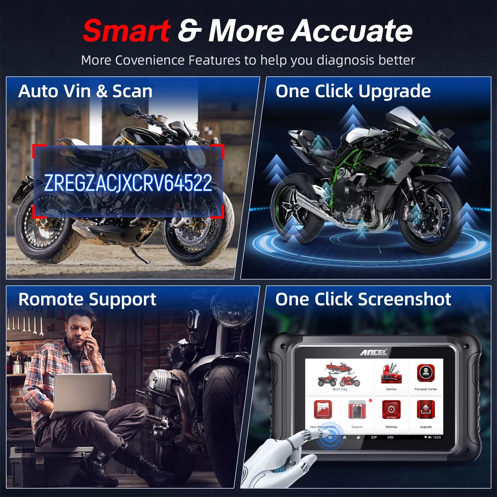 ANCEL MT700 OBD2 Scanner de moto système complet d'outil de diagnostic d'huile de repos ABS saignement ECU de codage de test actif pour moto