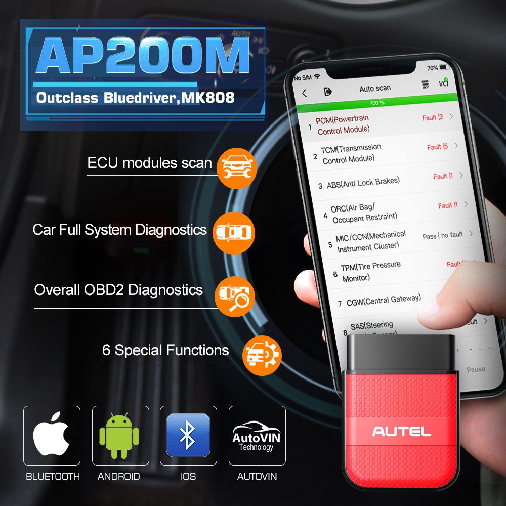 Autoel ap200m Bluetooth OBD2 Reader with System - wide diagnostics autovin Oil / EPB / BMS / SAS / TPMS / DPF Reset immo Service