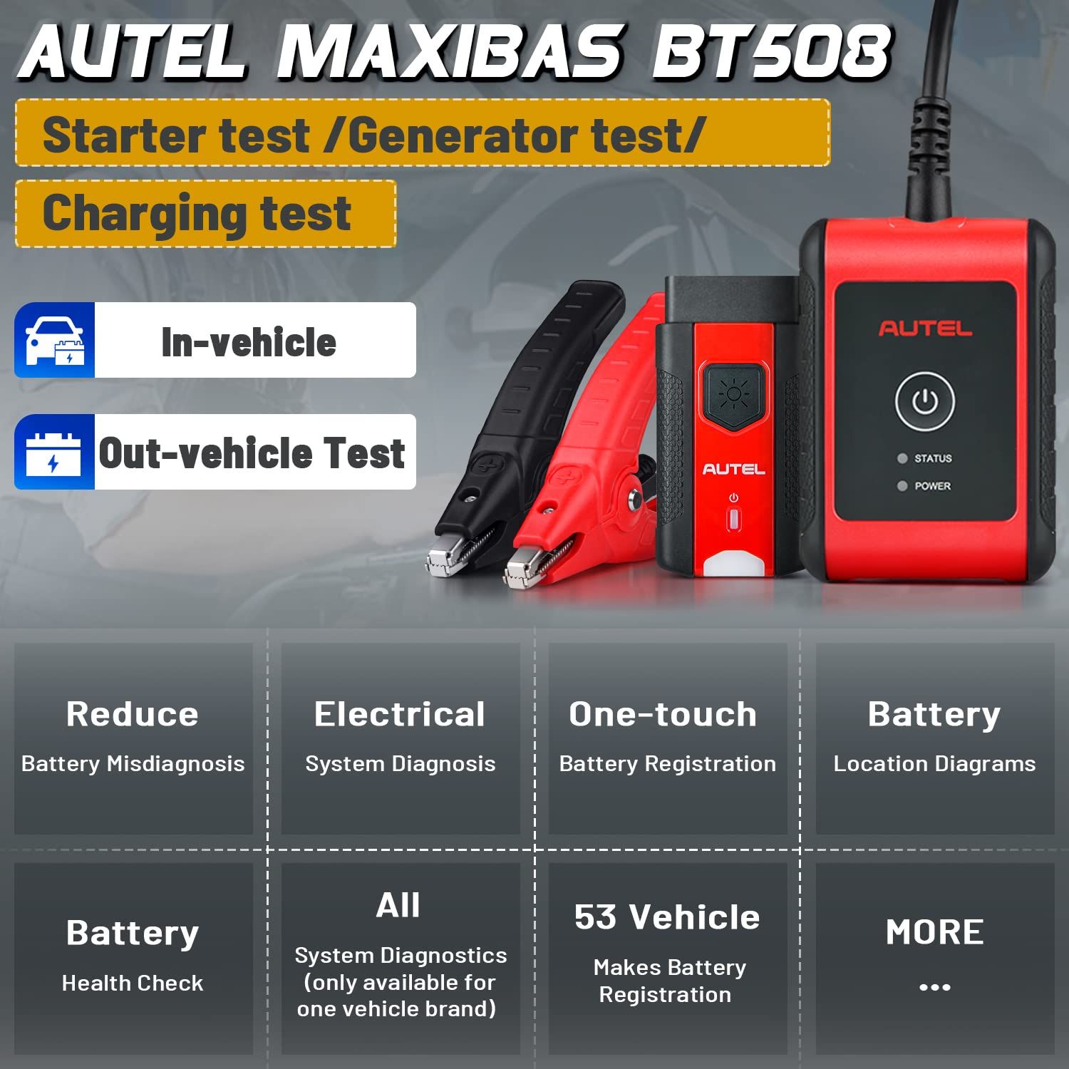 Autel MaxiBAS BT508 Testeur de batterie de voiture 6V 12V Testeur de charge 100-2000 CCA Ajouté AUTOVIN, réinitialisation électrique, rapport de santé de la batterie Mise à jour de BT506