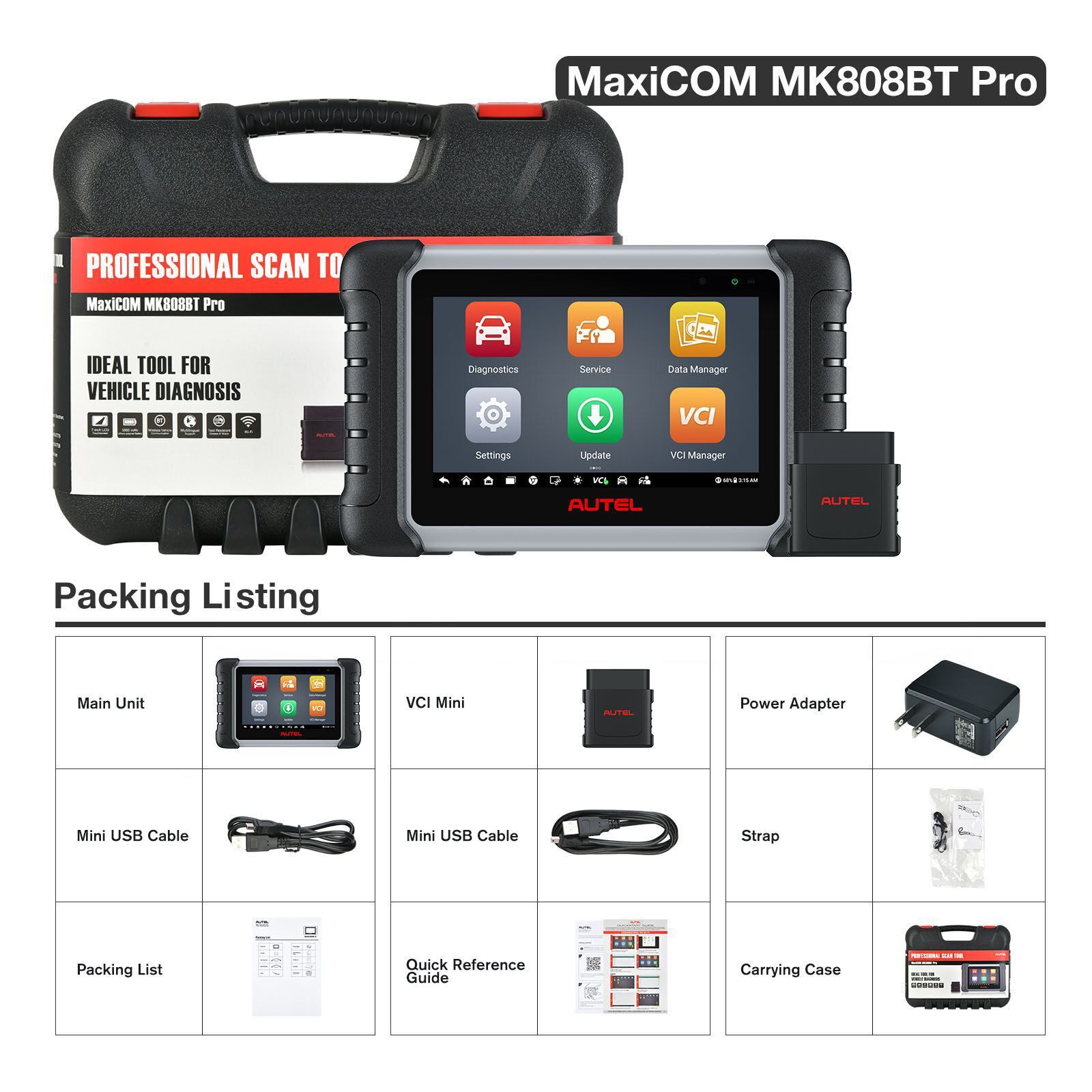 Autel MaxiCOM MK808BT PRO Outil de diagnostic de voiture, Tests actifs et scanner de contrôle bidirectionnel, 28+ services, FCA AutoAuth, Diagnostique sans fil