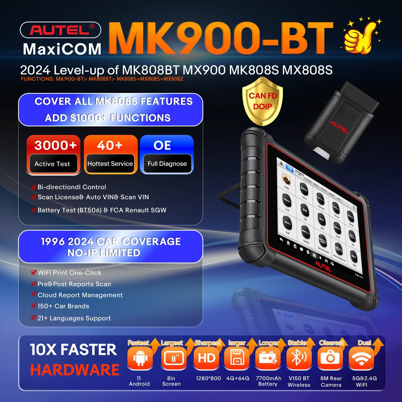 2025 Autel MaxiCOM MK900BT MK900-BT Scanner de diagnostic bidirectionnel Mise à jour de MX900 MK808BT MK808S CAN-FD&DOIP
