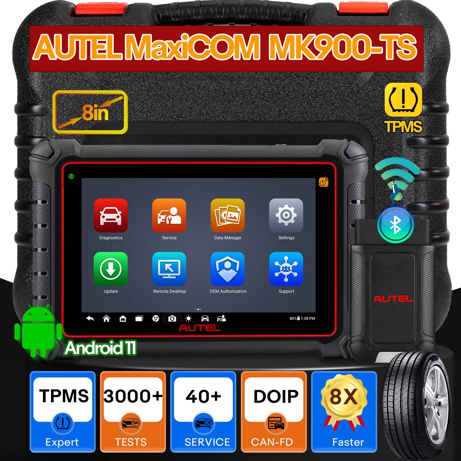 Scanner de diagnostic TPMS sans fil Autel MaxiCOM MK900TS MK900-TS avec Android 11 Support DoIP / CAN FD Protocoles et 40+ Services mis à niveau de MK808TS