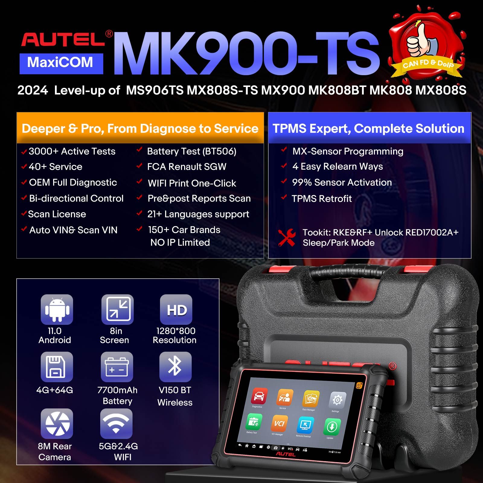Scanner de diagnostic TPMS sans fil Autel MaxiCOM MK900TS MK900-TS avec Android 11 Support DoIP / CAN FD Protocoles et 40+ Services mis à niveau de MK808TS