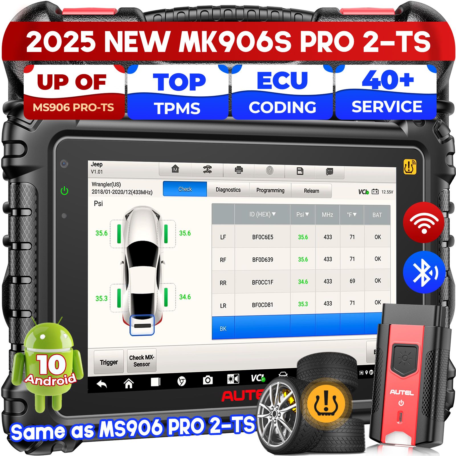 Scanner de diagnostic TPMS Autel MaxiCOM MK906S PRO II -TS avec codage ECU, contrôle bidirectionnel et 2 capteurs MX TPMS Autel gratuits
