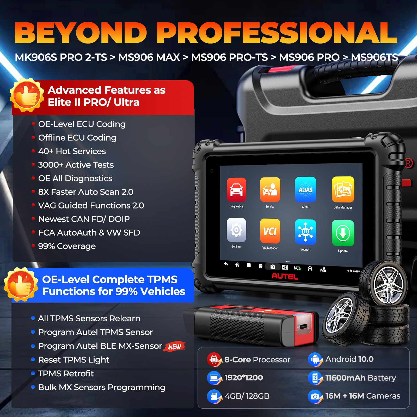 Scanner de diagnostic TPMS Autel MaxiCOM MK906S PRO II -TS avec codage ECU, contrôle bidirectionnel et 2 capteurs MX TPMS Autel gratuits