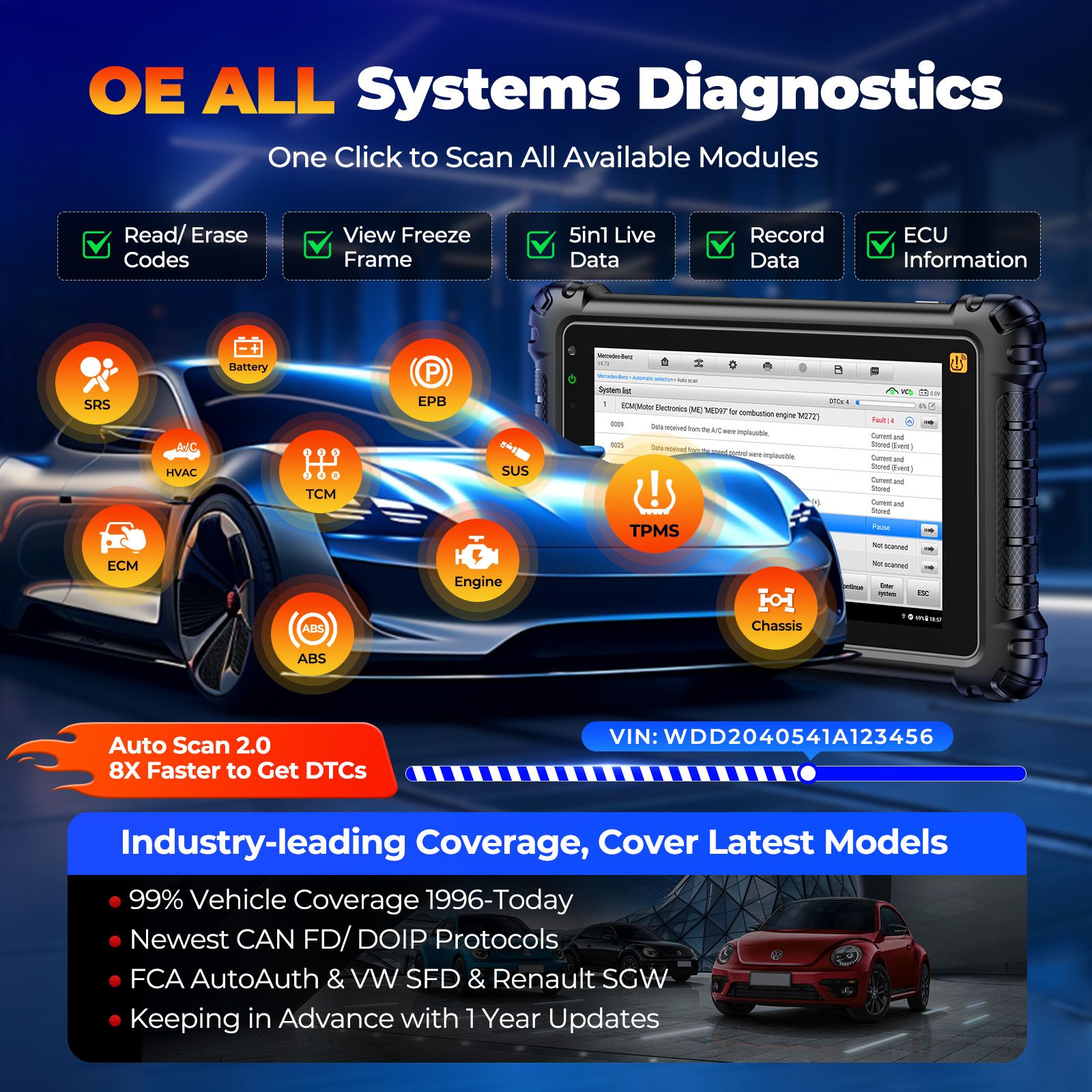 Scanner de diagnostic TPMS Autel MaxiCOM MK906S PRO II -TS avec codage ECU, contrôle bidirectionnel et 2 capteurs MX TPMS Autel gratuits