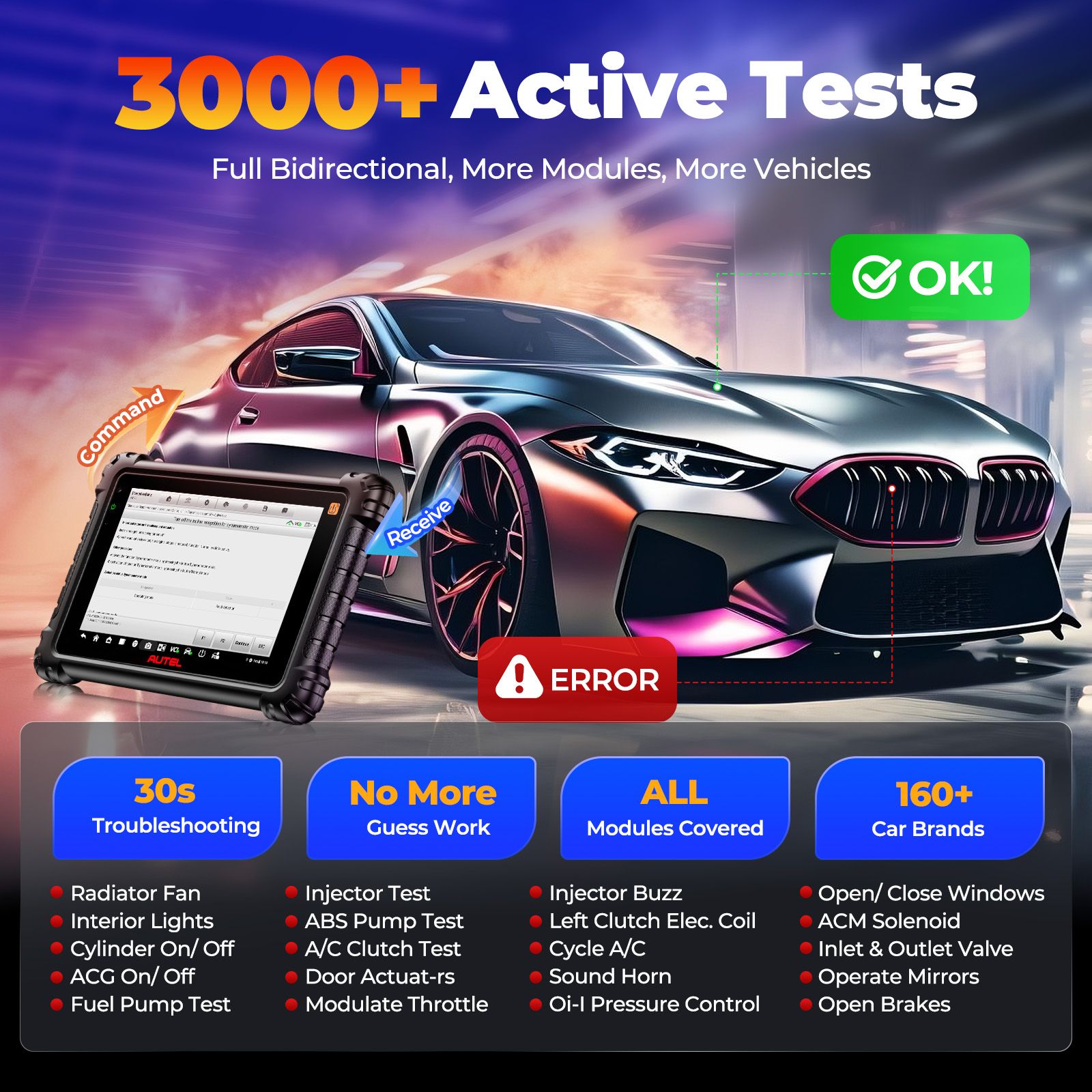 Scanner de diagnostic TPMS Autel MaxiCOM MK906S PRO II -TS avec codage ECU, contrôle bidirectionnel et 2 capteurs MX TPMS Autel gratuits