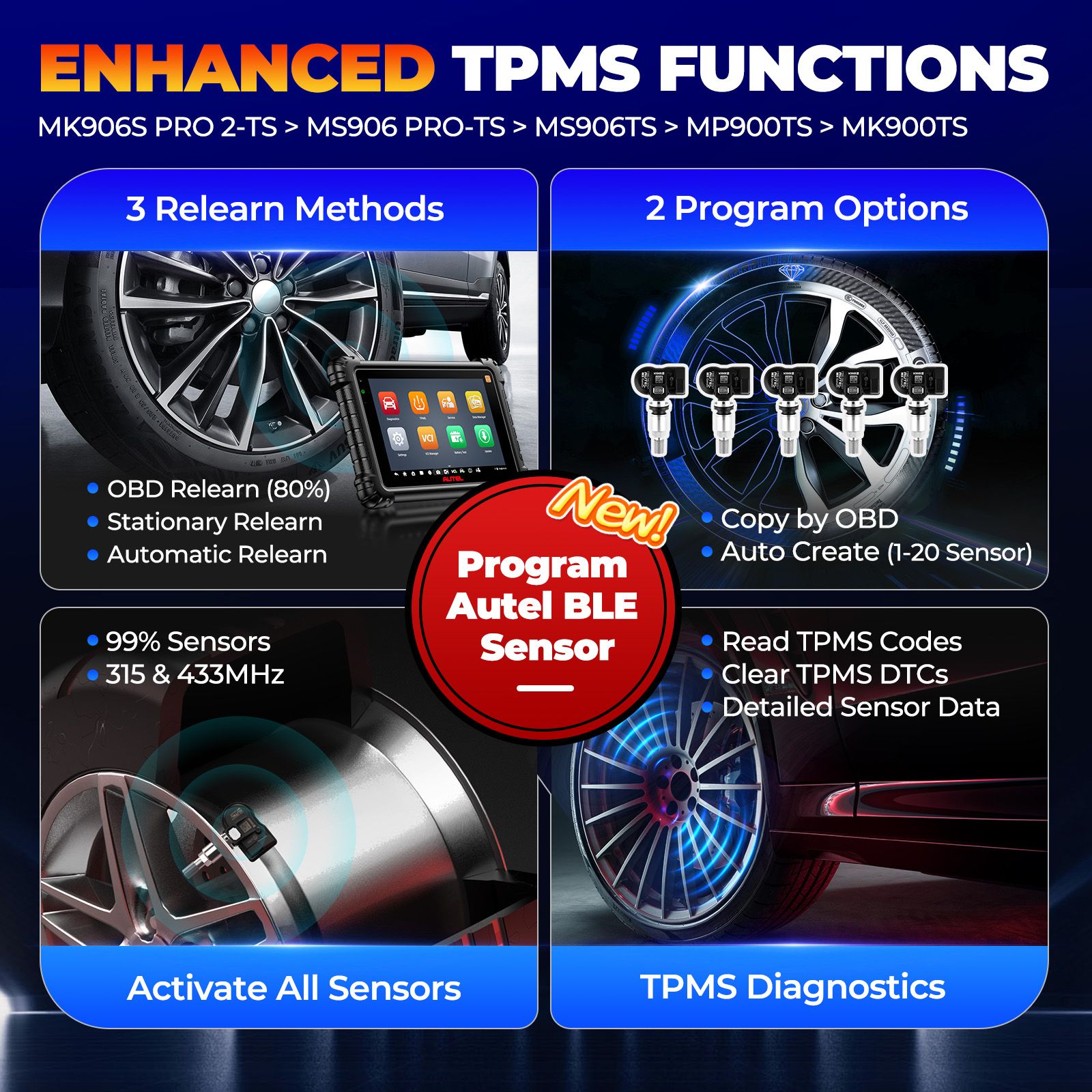 Scanner de diagnostic TPMS Autel MaxiCOM MK906S PRO II -TS avec codage ECU, contrôle bidirectionnel et 2 capteurs MX TPMS Autel gratuits