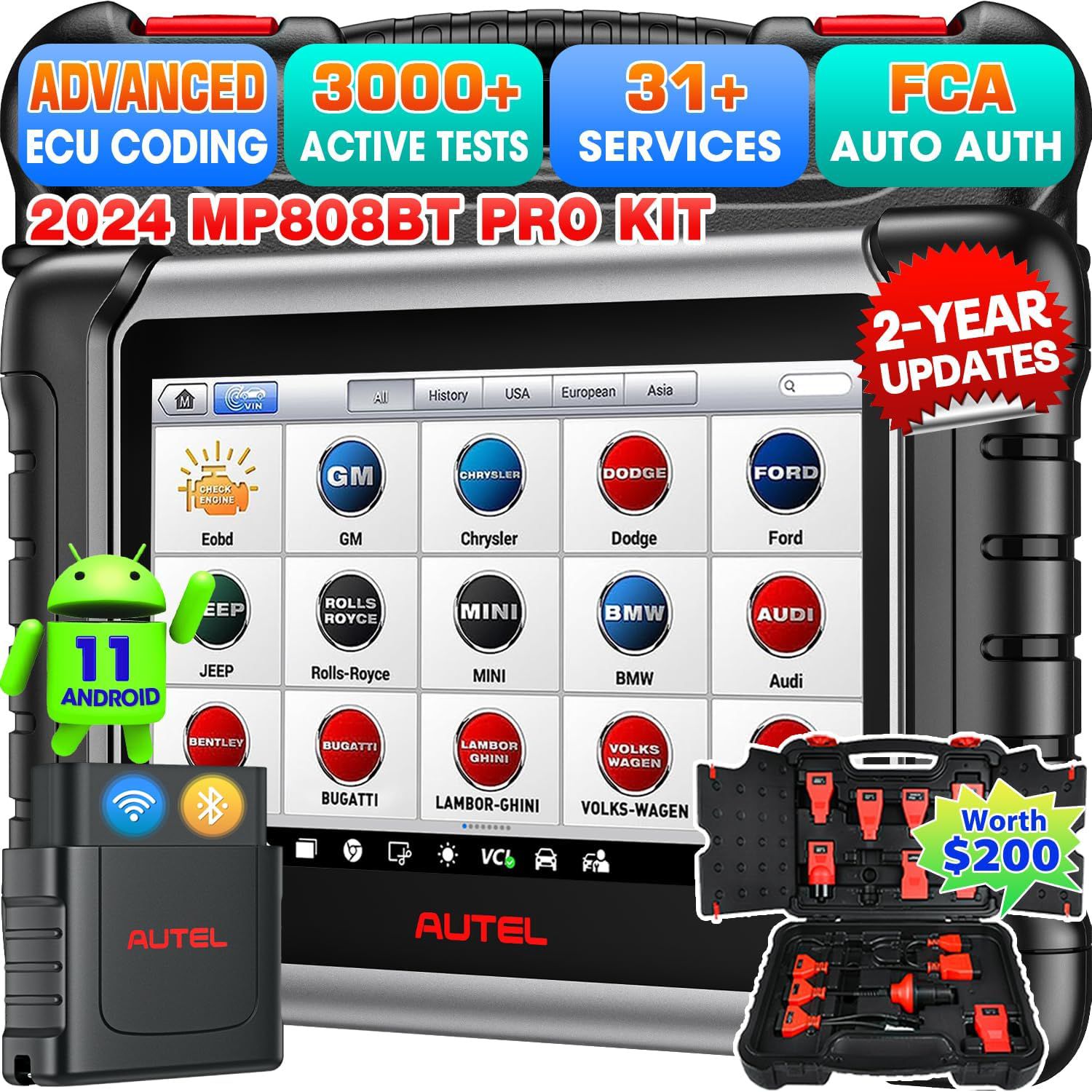 Autel MaxiPRO MP808BT Pro Kit avec adaptateurs OBDII Support 3000+ Codage ECU de soutien bidirectionnel, 30+ Services 150 marques, FCA AutoAuth