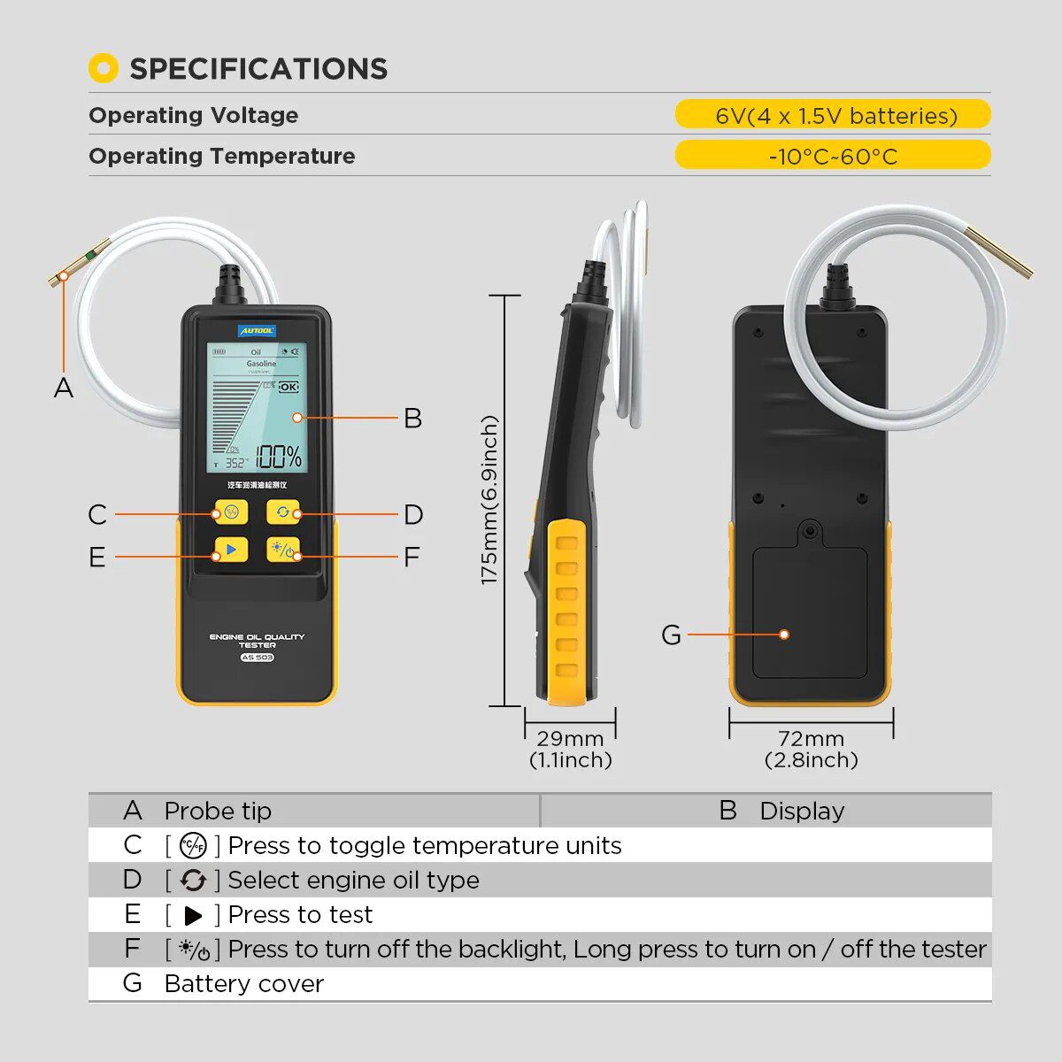 AUTOOL AS503 Engine Oil Tester with Digital Display for Auto Check Gasoline & Diesel Car Engine POA Oil Quality Repair Tools