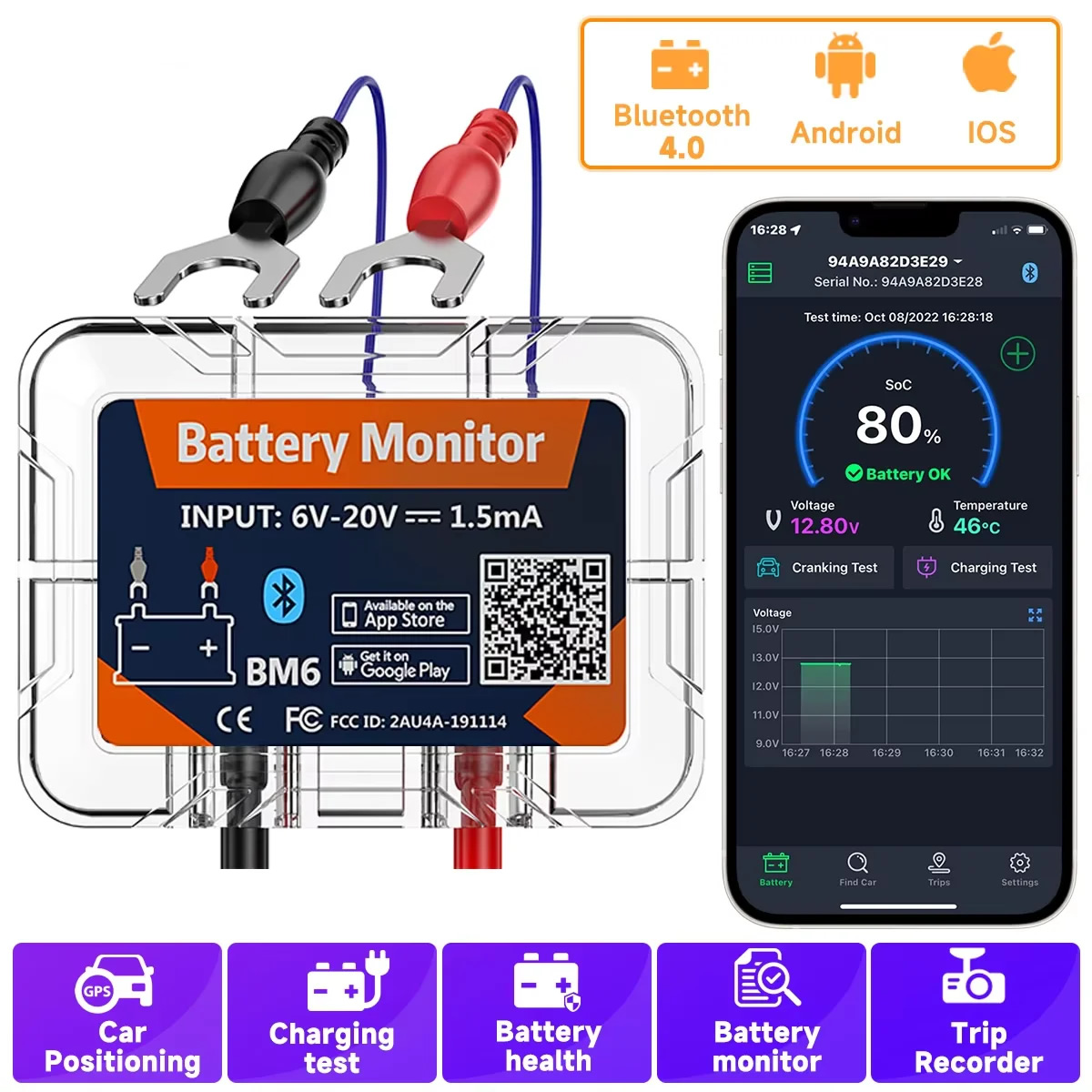 2025 BM6 12V Wireless Bluetooth Car Battery Monitor - Testeur de contrôle de santé iOS & Android APP-Activé pour les professionnels de l'automobile et les propriétaires de voitures