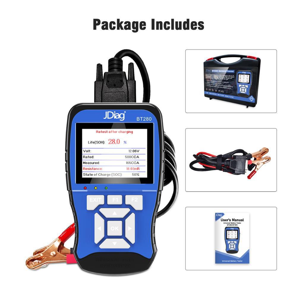 Jdiag bt280 testeur général de batterie pour automobiles, camions, navires, motocyclettes, etc. analyseur professionnel de batterie