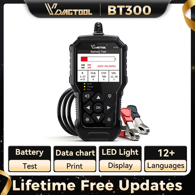 Testeur de batterie de voiture VDIAGTOOL BT300 Test de manivellage de charge de diagnostic automobile Lecture de forme d'onde de lumière LED Imprimer pour voiture 6V 12V