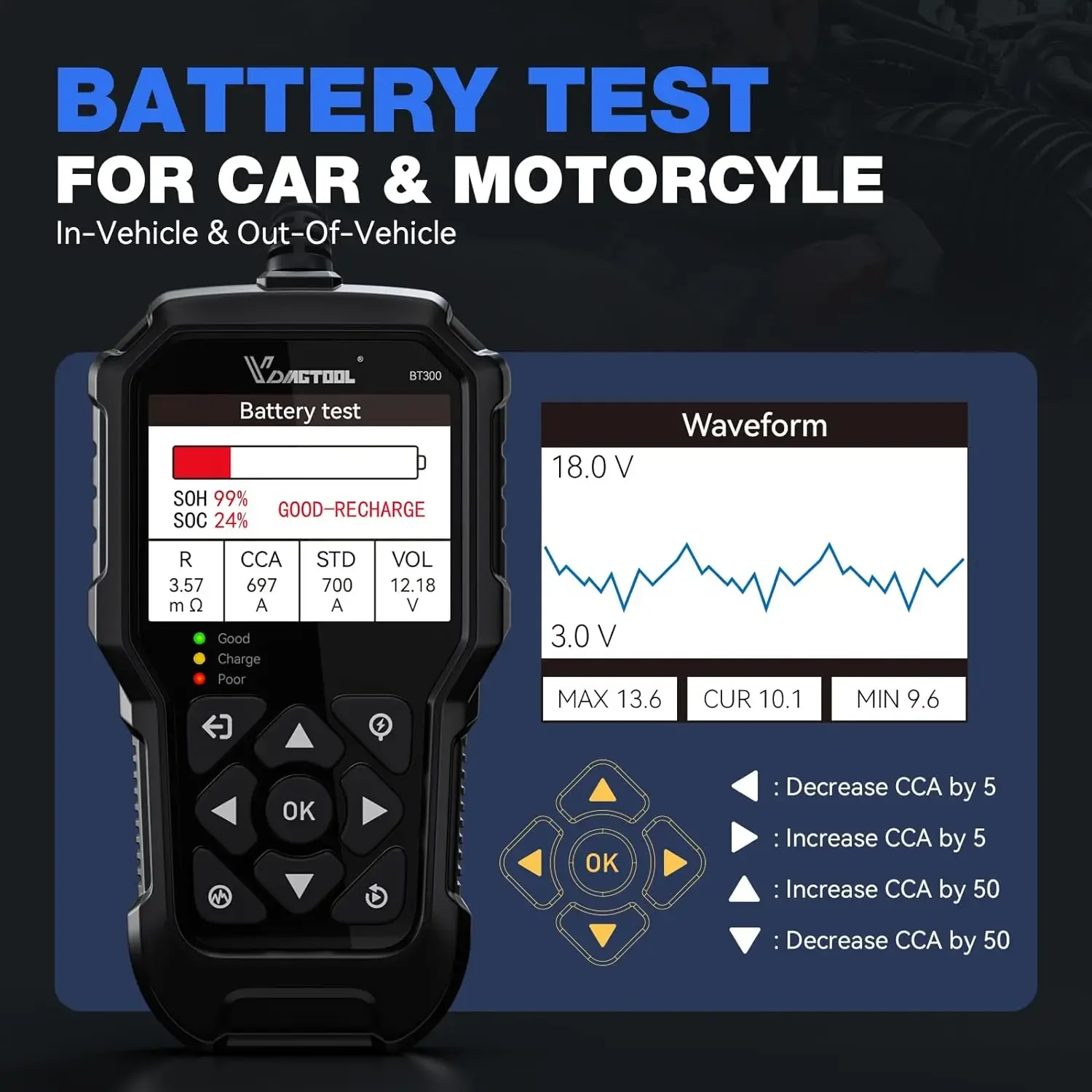 Testeur de batterie de voiture VDIAGTOOL BT300 Test de manivellage de charge de diagnostic automobile Lecture de forme d'onde de lumière LED Imprimer pour voiture 6V 12V