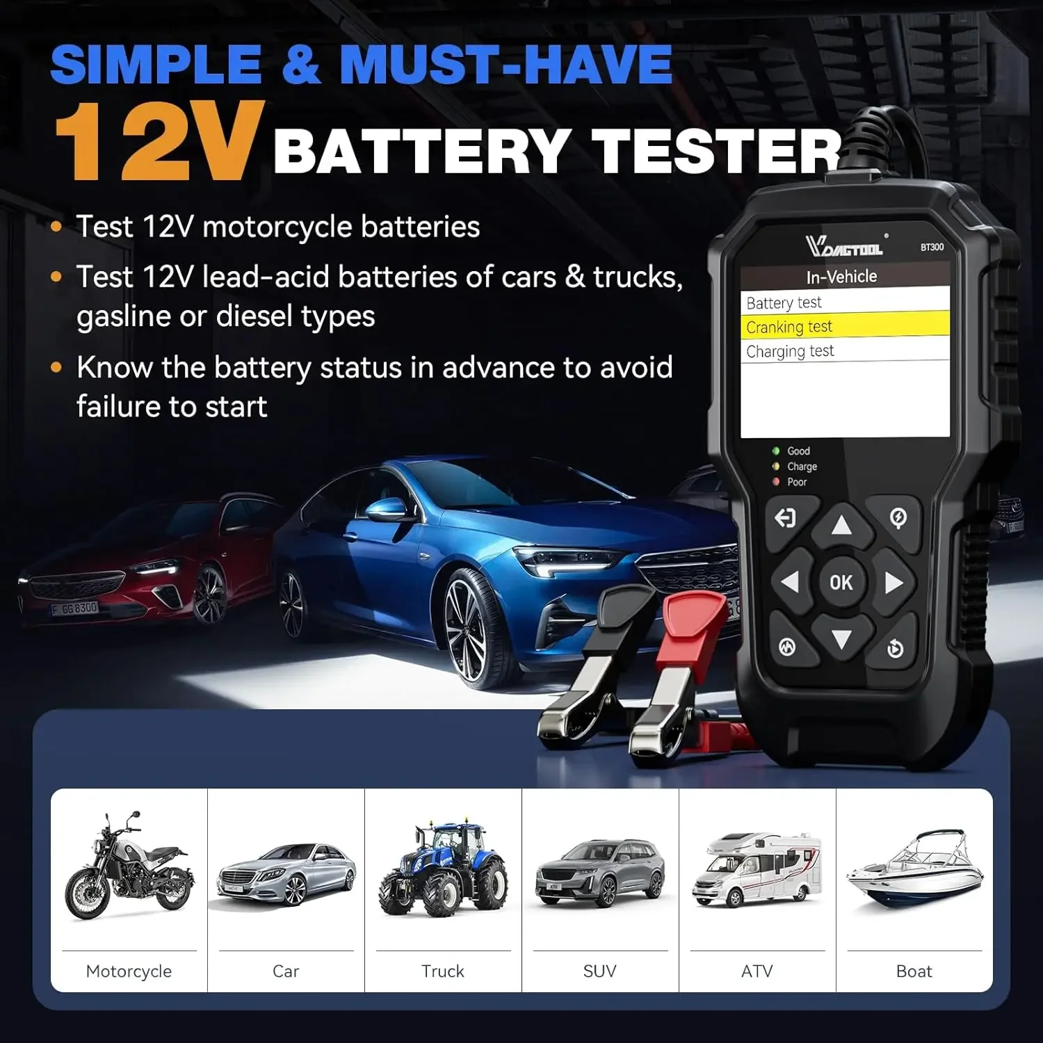 Testeur de batterie de voiture VDIAGTOOL BT300 Test de manivellage de charge de diagnostic automobile Lecture de forme d'onde de lumière LED Imprimer pour voiture 6V 12V
