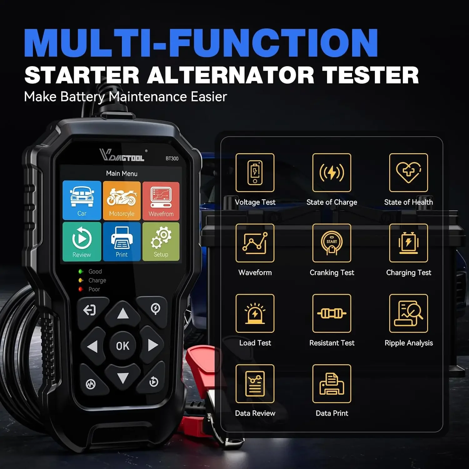 Testeur de batterie de voiture VDIAGTOOL BT300 Test de manivellage de charge de diagnostic automobile Lecture de forme d'onde de lumière LED Imprimer pour voiture 6V 12V