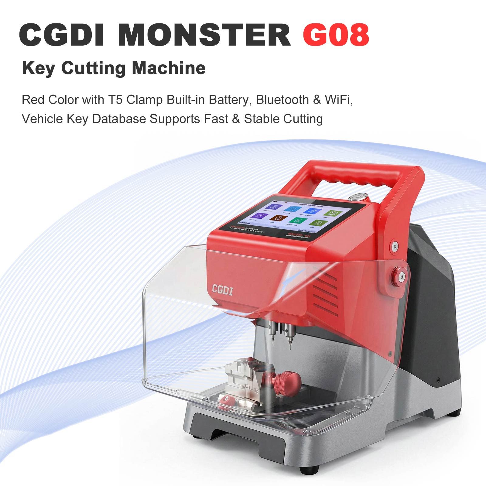 CGDI MONSTER G08 Machine de coupe de clé avec pince T5 Batterie intégrée, Bluetooth et WiFi, base de données de clés de véhicule prend en charge une coupe rapide et stable