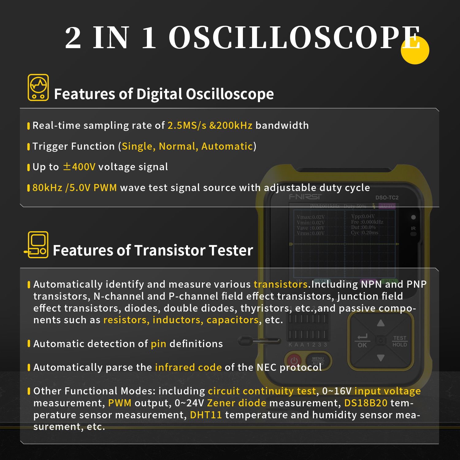 Fnirsi DSO - Tc2 testeur de transistor d'oscilloscope numérique portable 2 en 1 multimètre multifonction Diode tension LCR détection sortie PWM
