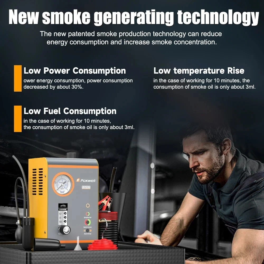 FOXWELL SD203 12V Car Smoke Leak Dector EVAP Vacuum Leak Detector Oil Pipe Leakage Locator Diagnostic Tools Built-in Air Pump