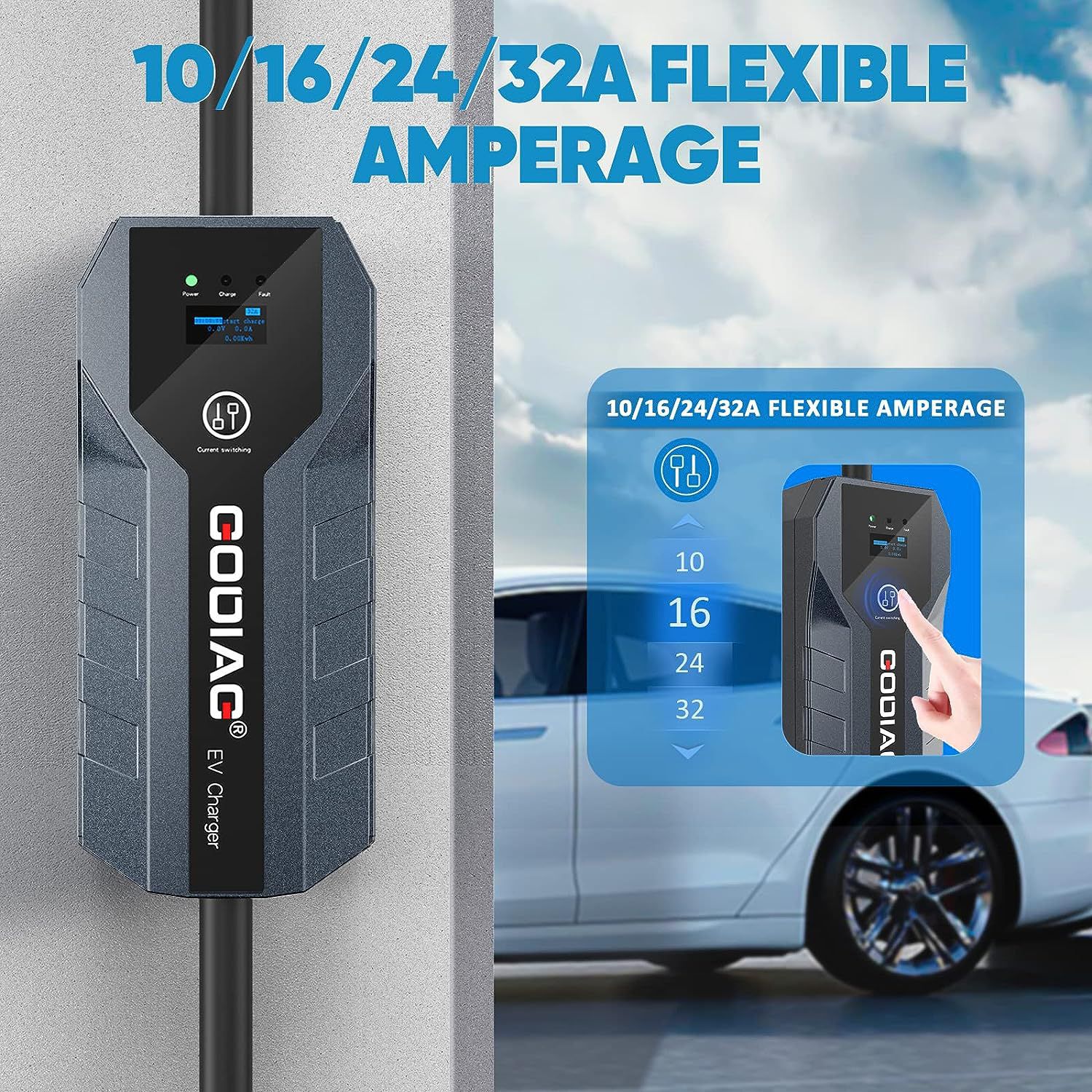 Chargeur godiag EV niveau 2 (32amp, 220V - 240V, prise NEMA 14 - 50, câble de 21 pieds) réglable 10 / 16 / 24 / 32A pour la maison j1772 ev, PHEV, moto EV