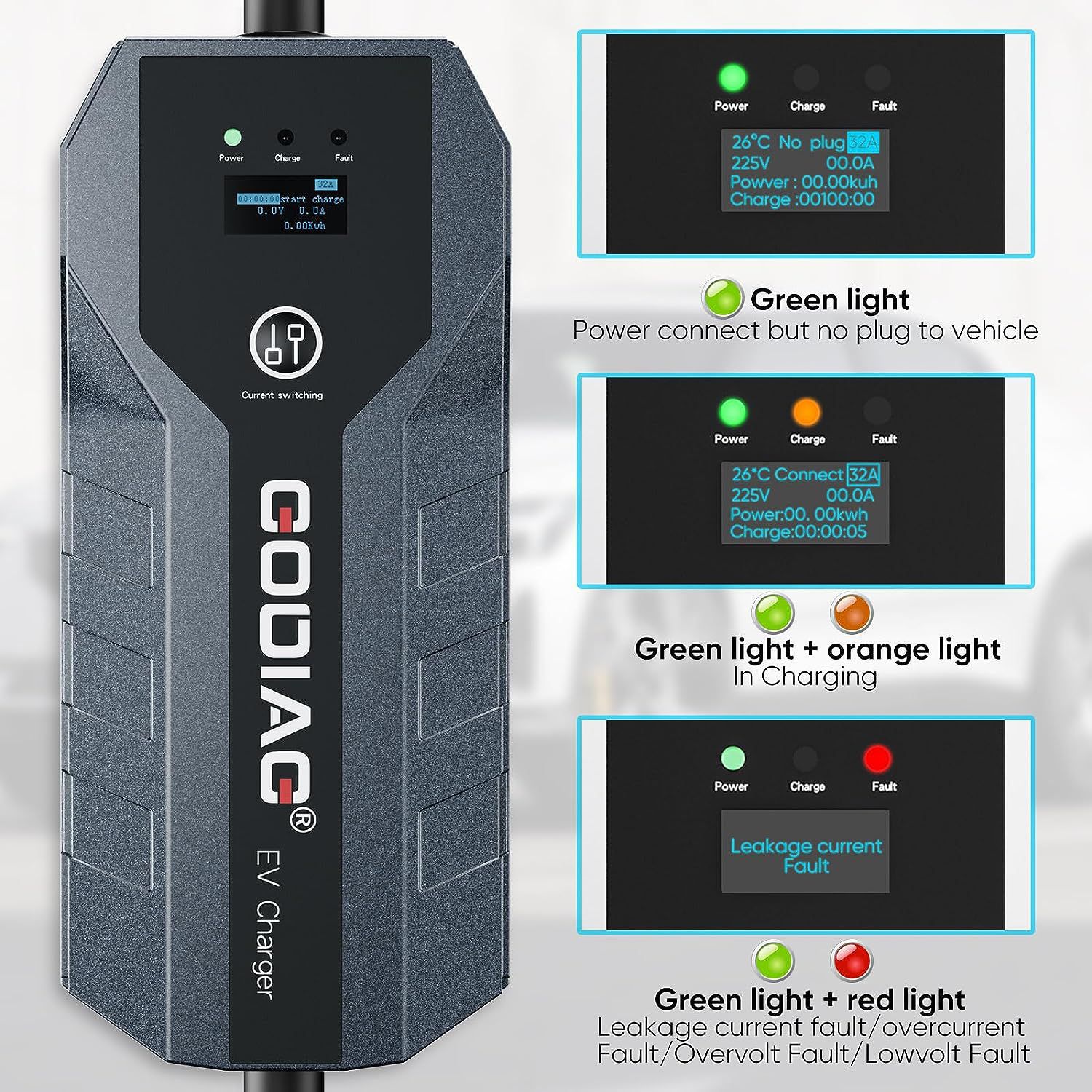 Chargeur godiag EV niveau 2 (32amp, 220V - 240V, prise NEMA 14 - 50, câble de 21 pieds) réglable 10 / 16 / 24 / 32A pour la maison j1772 ev, PHEV, moto EV