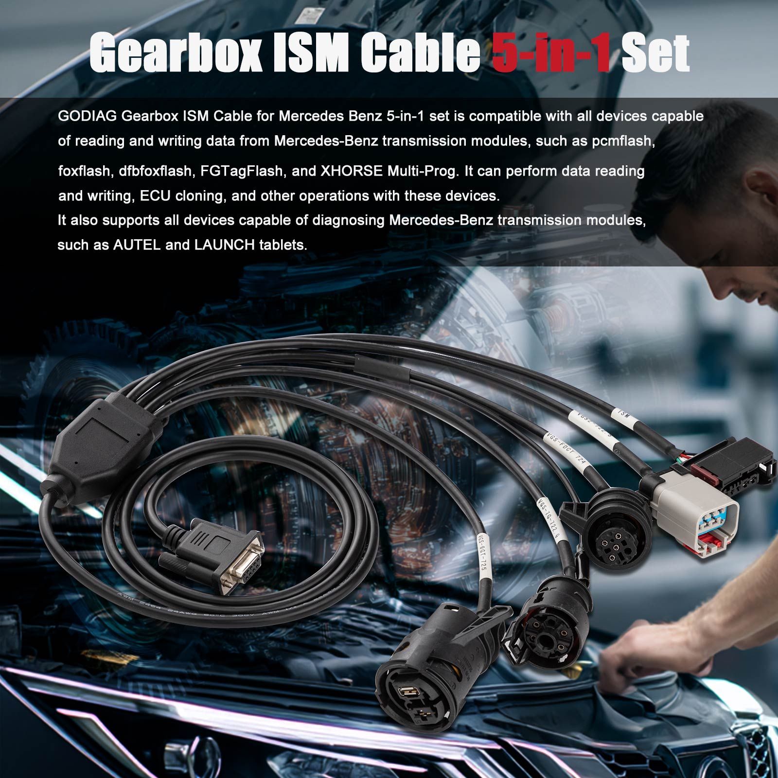 2025 GODIAG Boîte de vitesses ISM Cable 5-en-1 Set pour Mercedes Benz VGS-FDCT 724/ VGS2-722.8/ VGS-7Gtronic-722.9/ VGS-9GT-725/ ISM