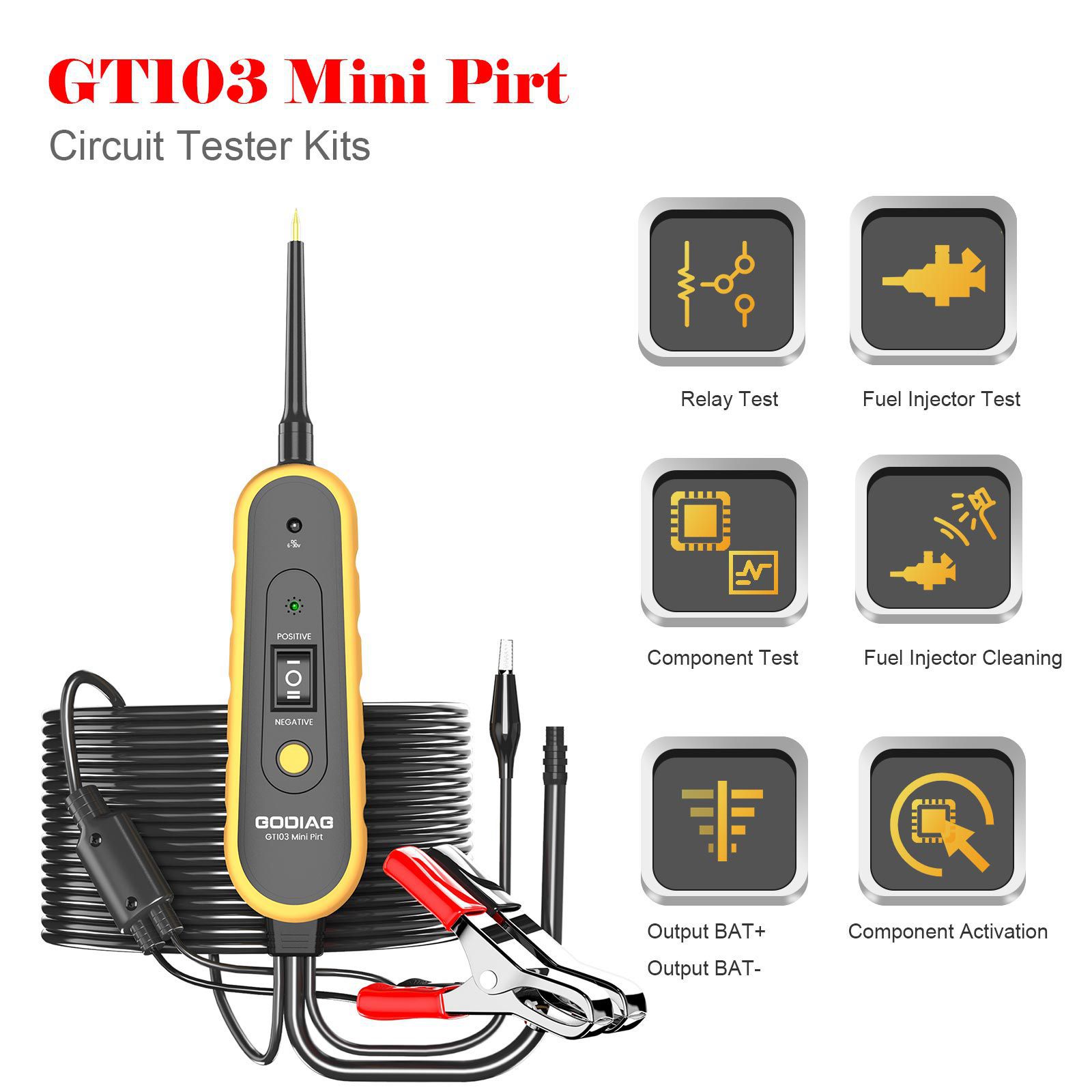 Godiag gt103 Mini PIRT Circuit Tester diagnostic du système électrique du véhicule / nettoyage et test des injecteurs / test des relais