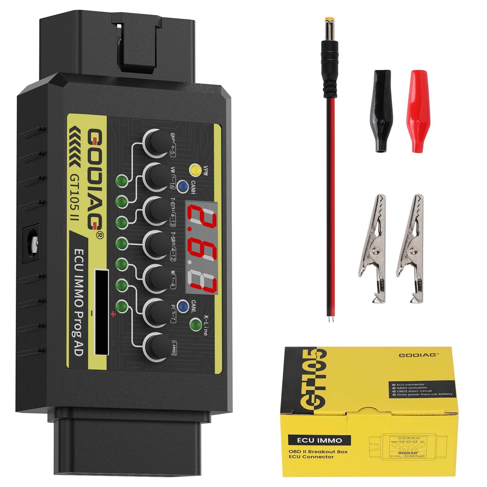 GODIAG GT105 II ECU IMMO Prog AD OBD2 Break Out Box ECU Connecteur Affichage Voltage du véhicule Voltage de la batterie de la voiture inférieure à 11V