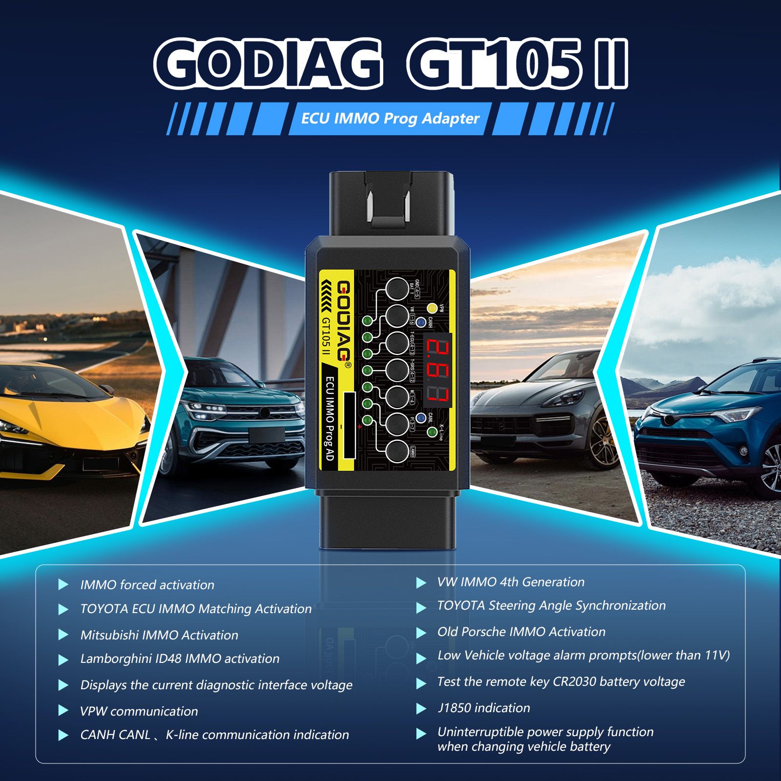GODIAG GT105 II ECU IMMO Prog AD OBD2 Break Out Box ECU Connecteur Affichage Voltage du véhicule Voltage de la batterie de la voiture inférieure à 11V