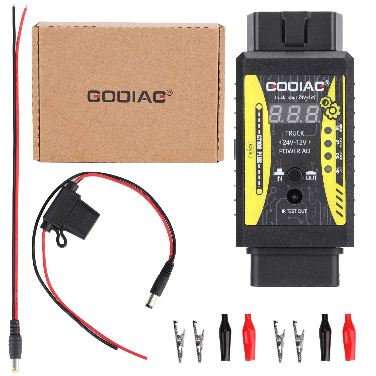 2025 GODIAG GT106 PLUS Adaptateur de camion lourd de 24V à 12V récemment ajouté Nettoyage et test d'injecteur de carburant Test de relais pour voitures et camions