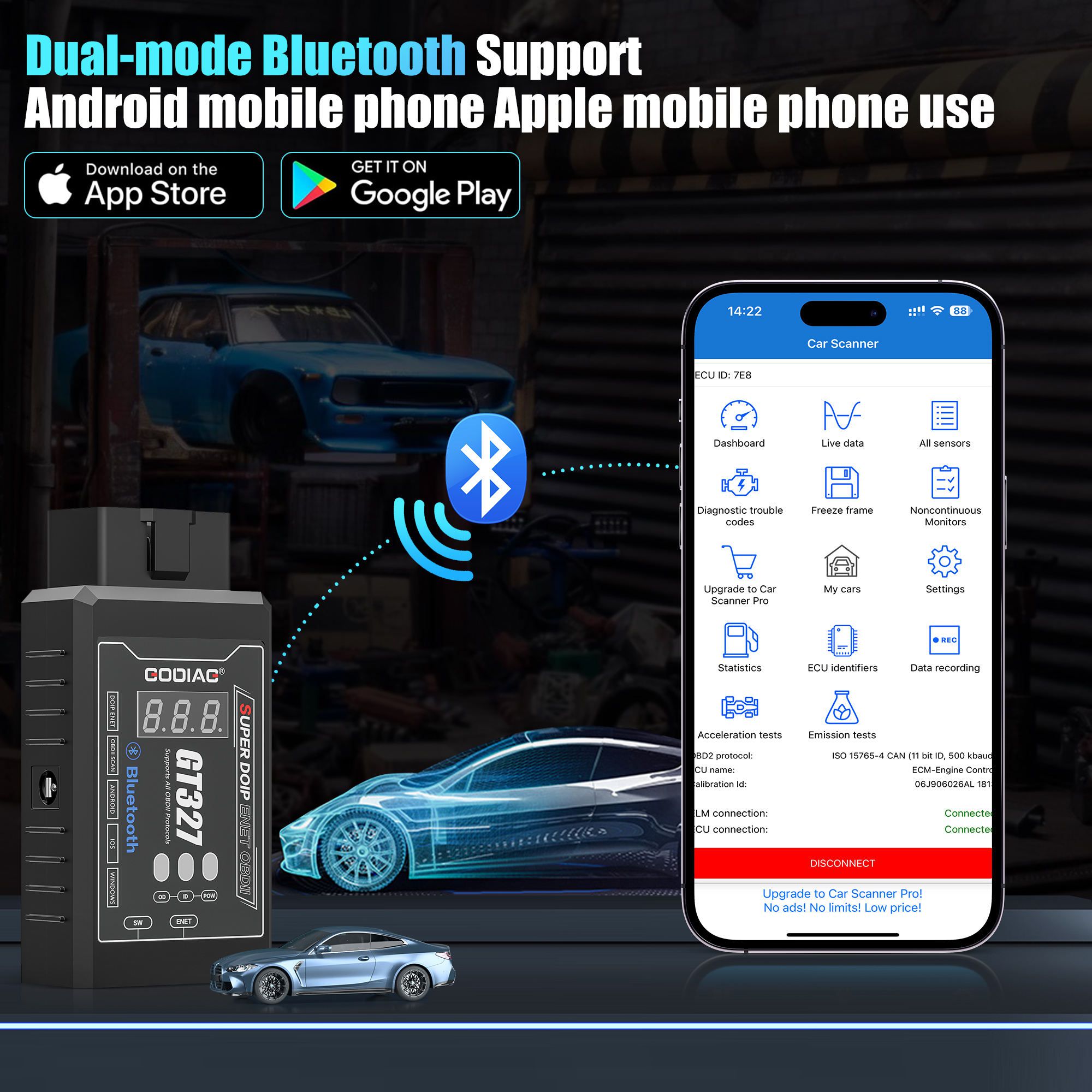 GODIAG GT327 SUPER DOIP ENET ELM327v1.5 Bluetooth 4.0 OBDII Scanner avec affichage de tension pour iOS / Android / Windows