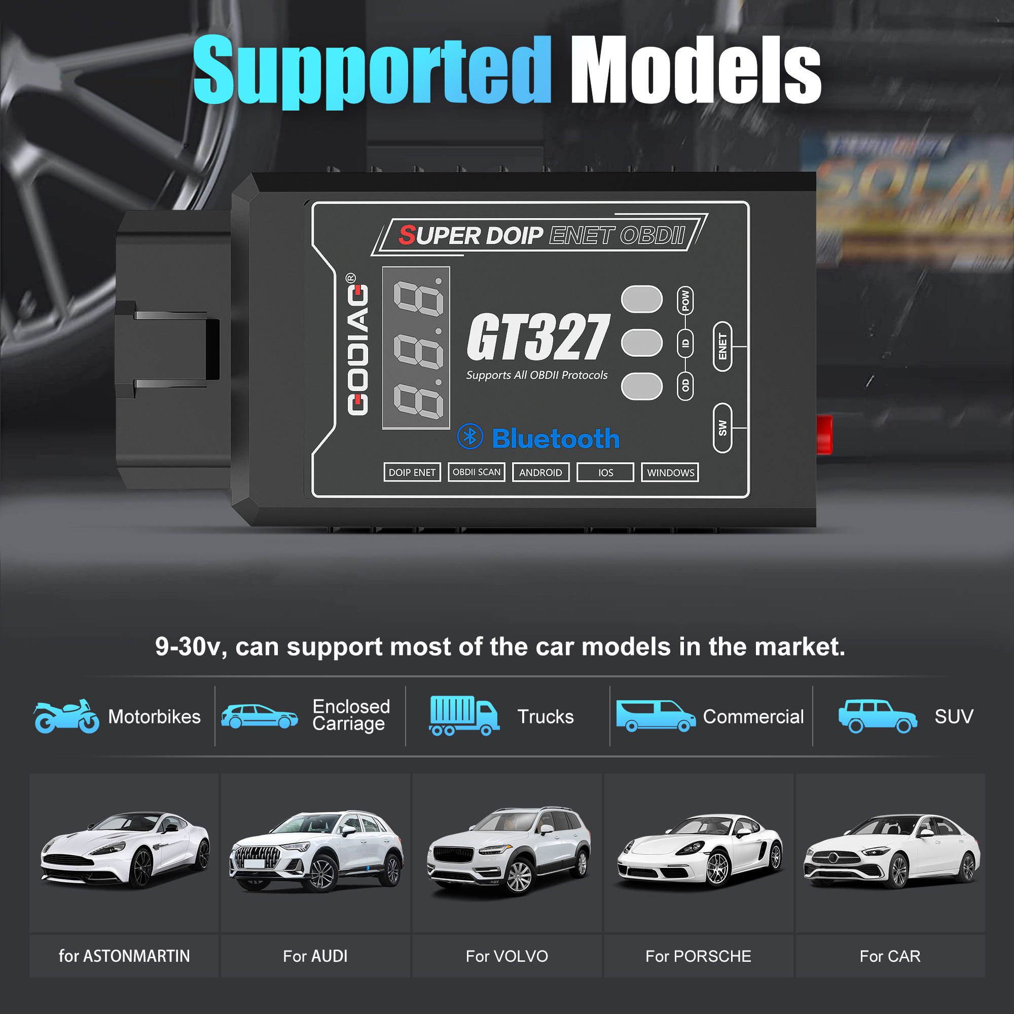 GODIAG GT327 SUPER DOIP ENET ELM327v1.5 Bluetooth 4.0 OBDII Scanner avec affichage de tension pour iOS / Android / Windows