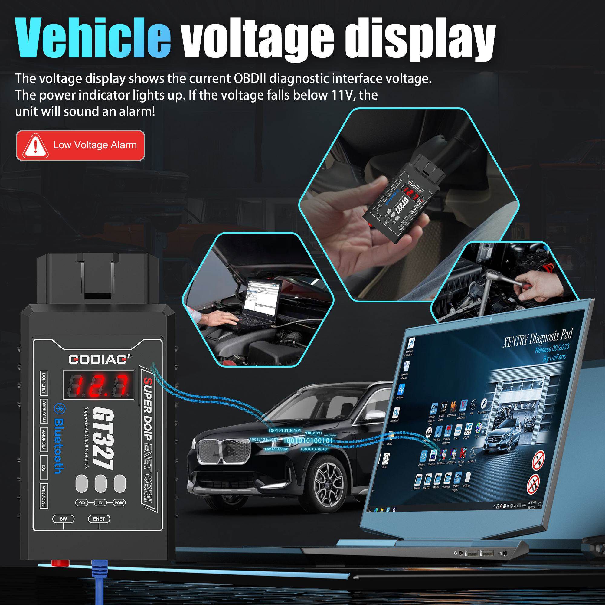 GODIAG GT327 SUPER DOIP ENET ELM327v1.5 Bluetooth 4.0 OBDII Scanner avec affichage de tension pour iOS / Android / Windows