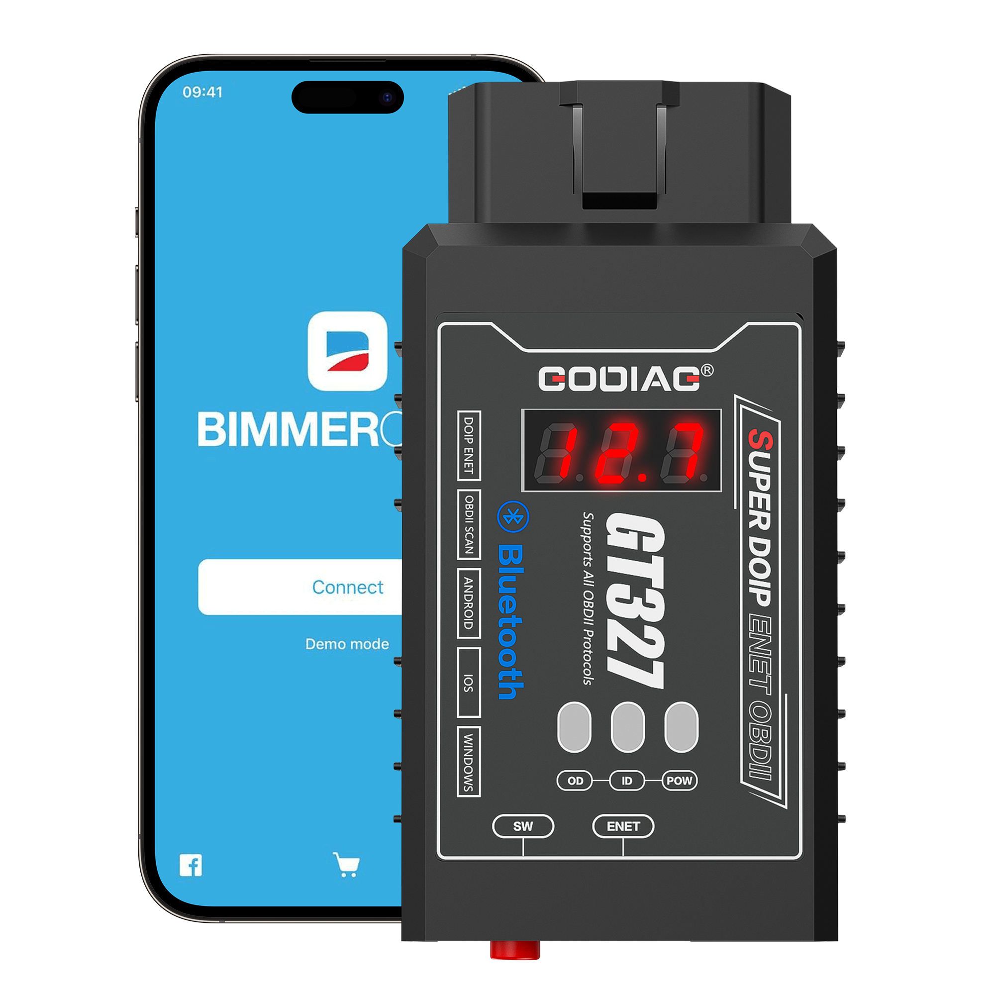 GODIAG GT327 SUPER DOIP ENET ELM327v1.5 Bluetooth 4.0 OBDII Scanner avec affichage de tension pour iOS / Android / Windows