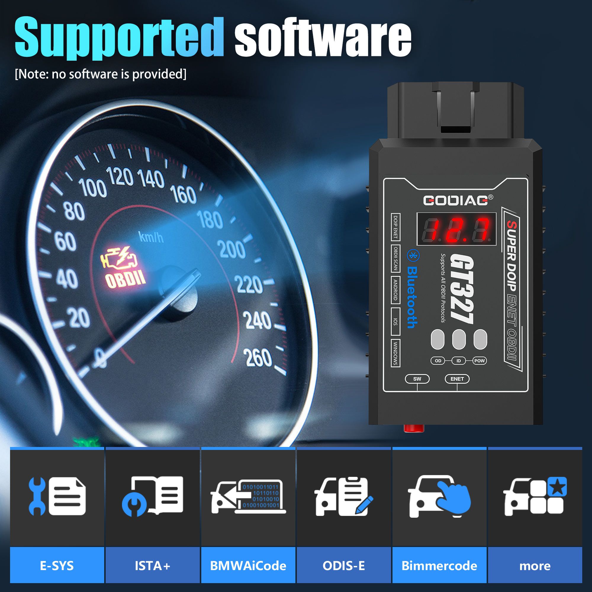 GODIAG GT327 SUPER DOIP ENET ELM327v1.5 Bluetooth 4.0 OBDII Scanner avec affichage de tension pour iOS / Android / Windows