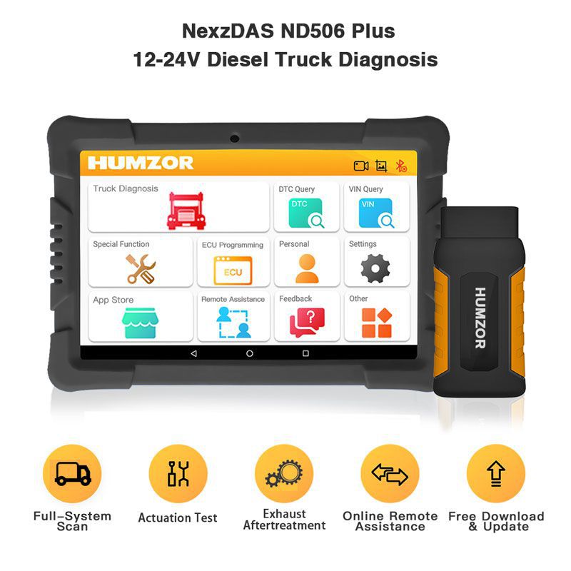 Humzor nexzdas nd506 plus tablette complète pour les outils de diagnostic des véhicules utilitaires diesel 12V - 24V avec 10 convertisseurs