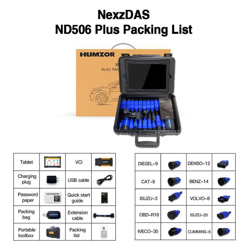 Humzor nexzdas nd506 plus tablette complète pour les outils de diagnostic des véhicules utilitaires diesel 12V - 24V avec 10 convertisseurs