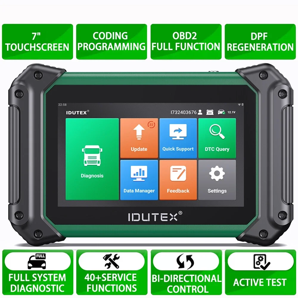Scanner de camion lourd IDUTEX TS710 12V 24V – Diagnostic bidirectionnel complet avec régénération DPF, test d’actionnement et réinitialisations multiples