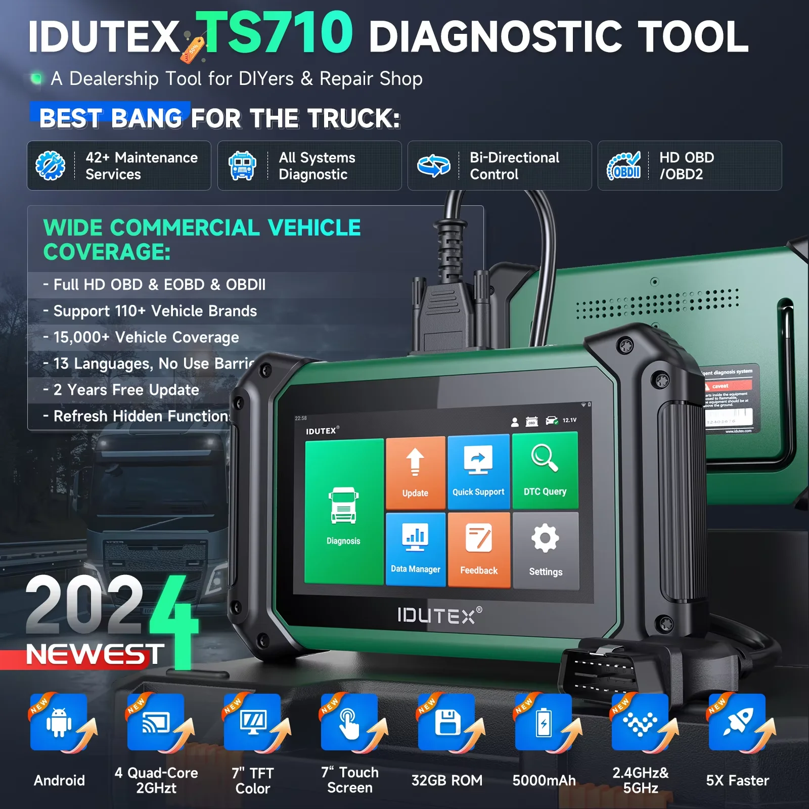 Scanner de camion lourd IDUTEX TS710 12V 24V – Diagnostic bidirectionnel complet avec régénération DPF, test d’actionnement et réinitialisations multiples