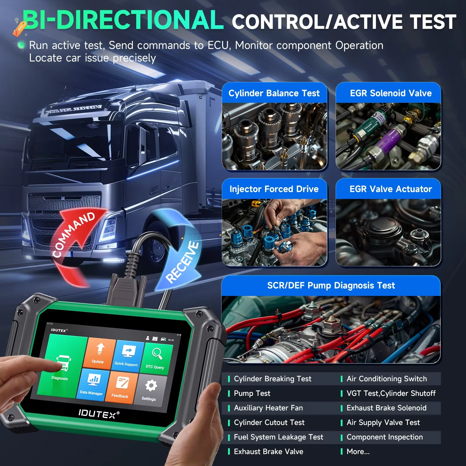 Scanner de camion lourd IDUTEX TS710 12V 24V – Diagnostic bidirectionnel complet avec régénération DPF, test d’actionnement et réinitialisations multiples