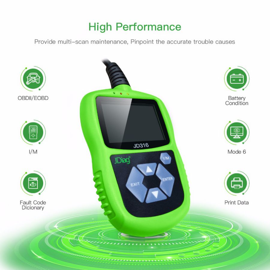 Jdiag jd316 OBD2 scanner automobile dysfonctionned code reader diagnostic Scanning Tool (Green)