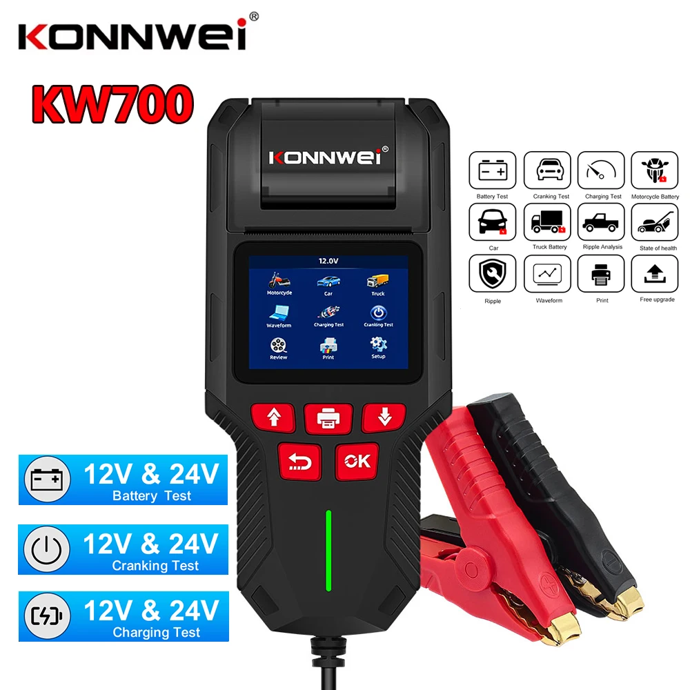 Testeur de batterie KONNWEI KW700 12V/24V avec support d'imprimante camion de voiture et moto